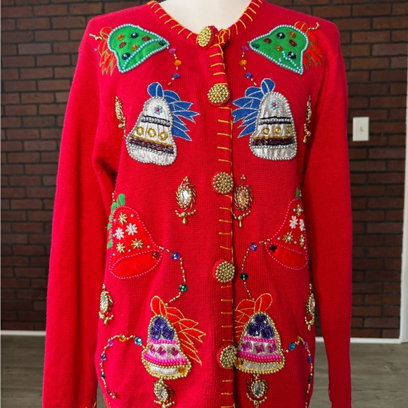 Victoria Harbour Christmas Beaded Sweater Cardigan Red Large Ramie Cotton - Picture 1 of 6